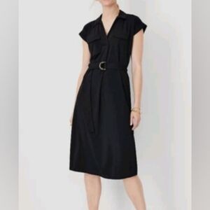 Ann Taylor Black Cap Sleeve Midi Shirtdress  with Tortoise Belt